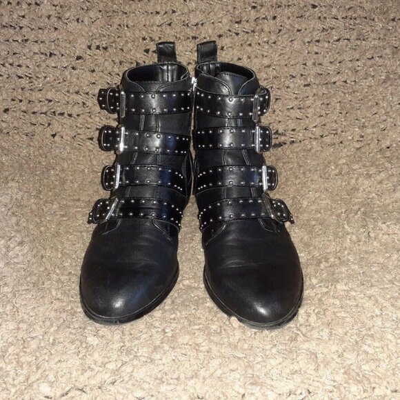VINCE CAMUTO-Corvina-Black Leather-Studded Buckle-Moto Bootie-Zip-Sz 7-Excellent - Picture 3 of 7
